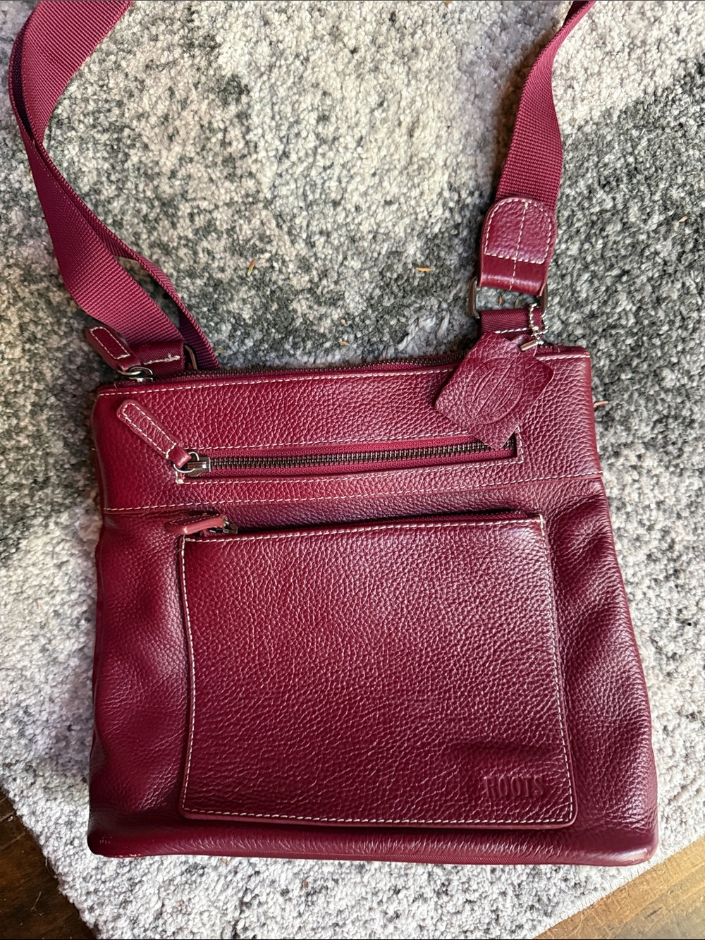Roots Burgundy Pebbled Leather Crossbody Bag